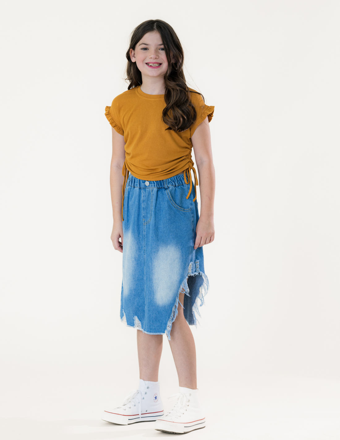 Denim Skirt & Brown T-shirt Pastels and Polkadots