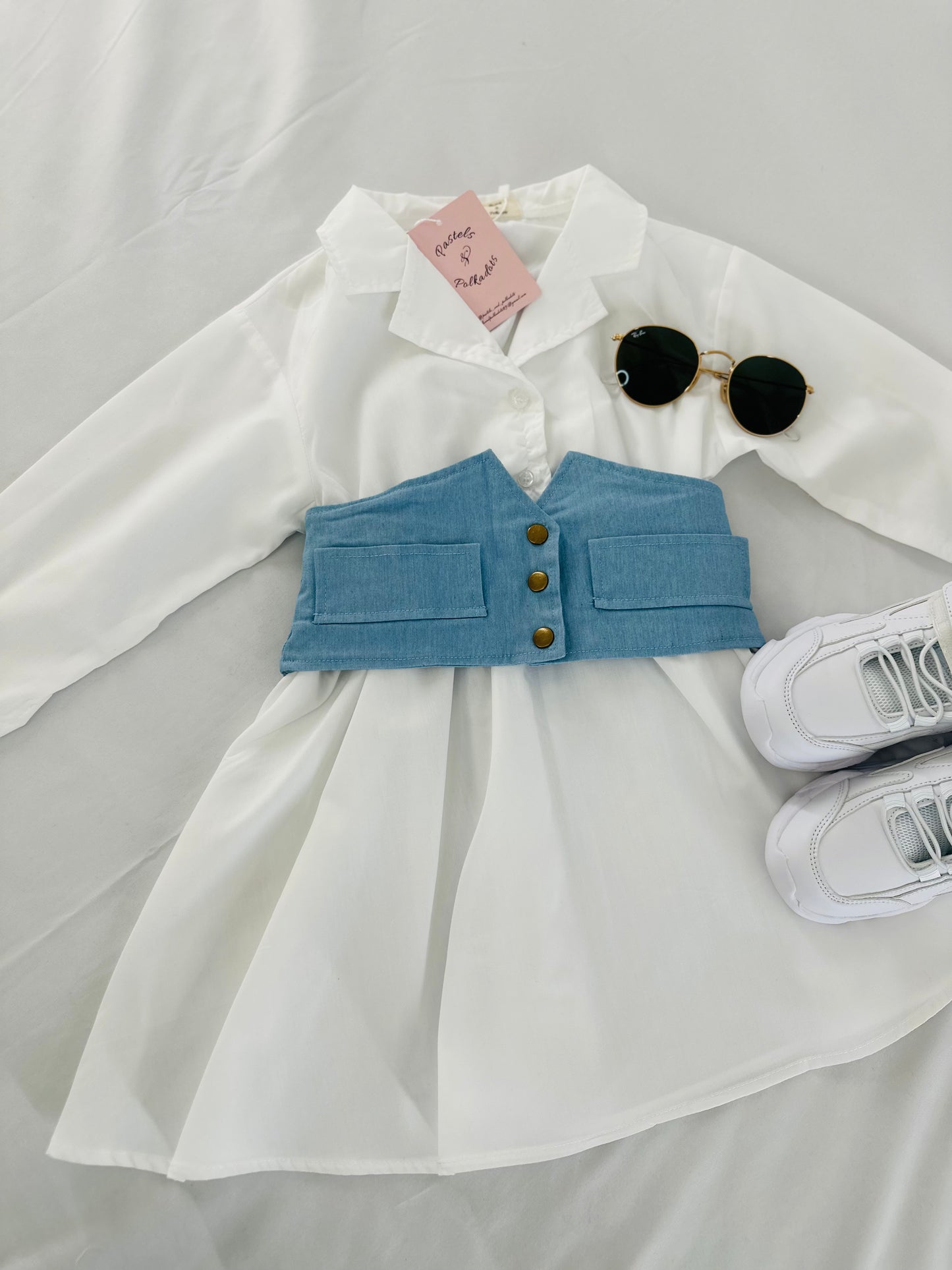 White collar dress with denim waist corset Pastels and Polkadots