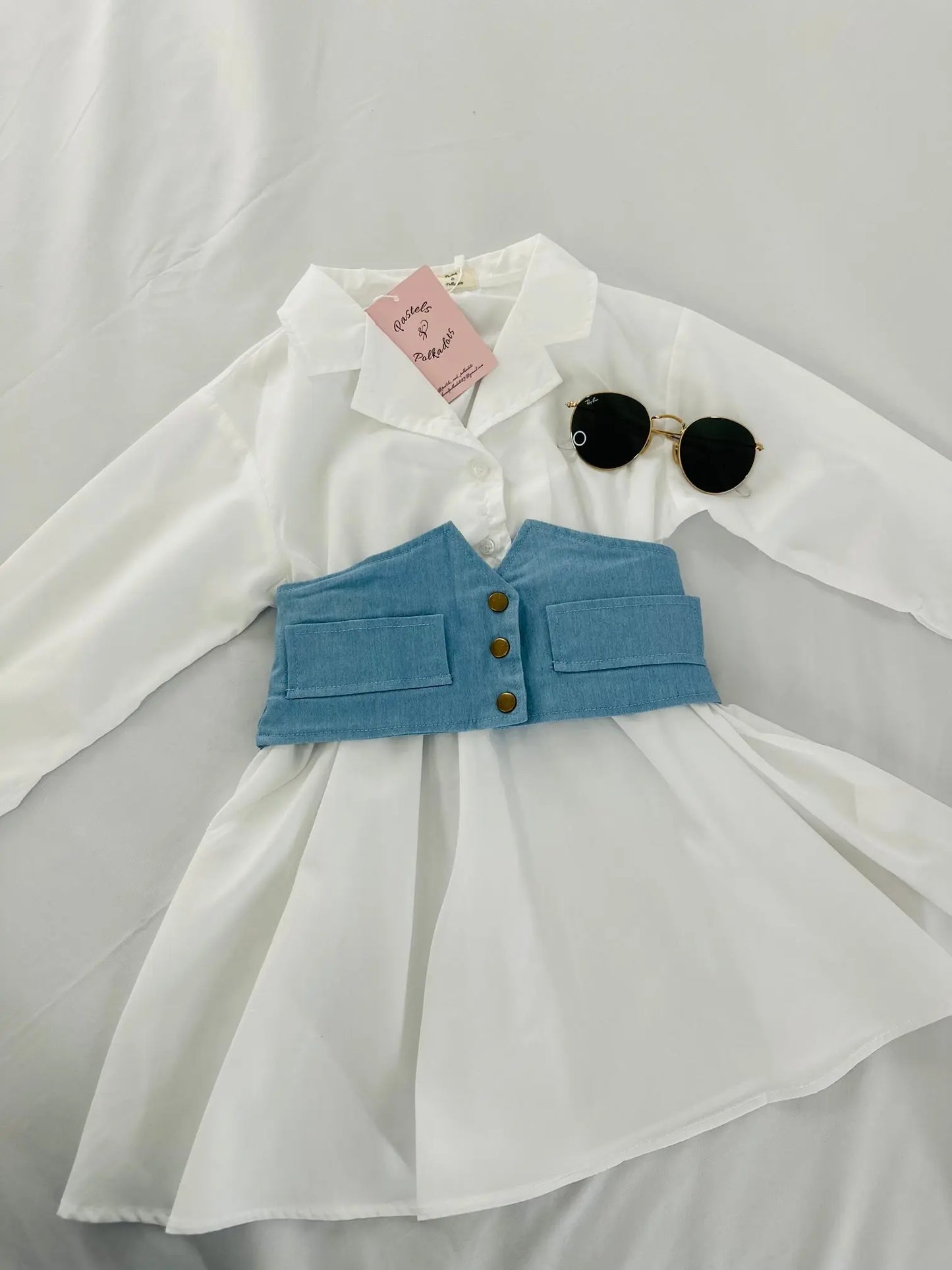 White collar dress with denim waist corset Pastels and Polkadots