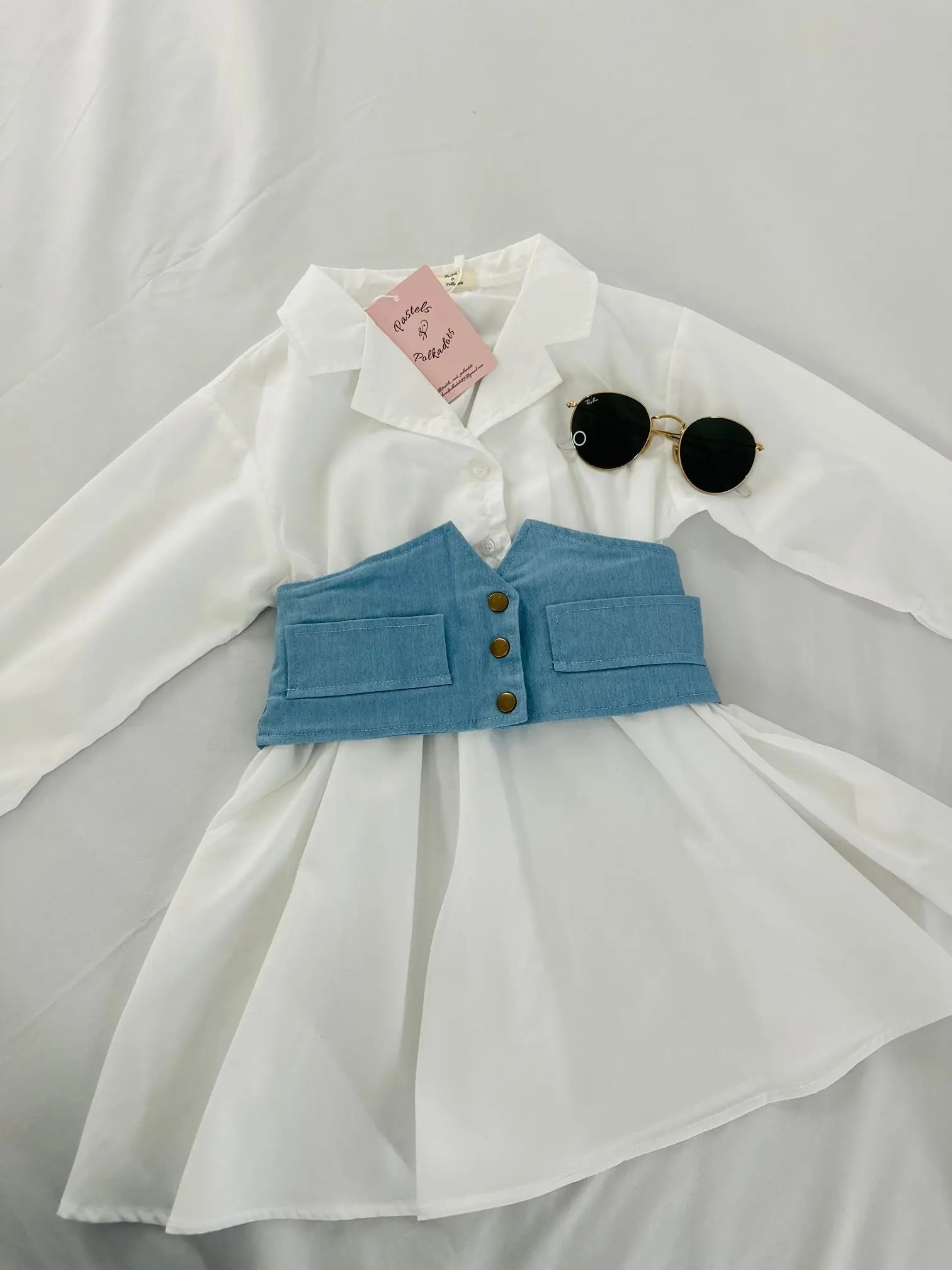 White Collar Dress - Denim Waist Corset - Pastels and Polkadots White Collar Dress - Denim Waist Corset - Pastels and Polkadots
