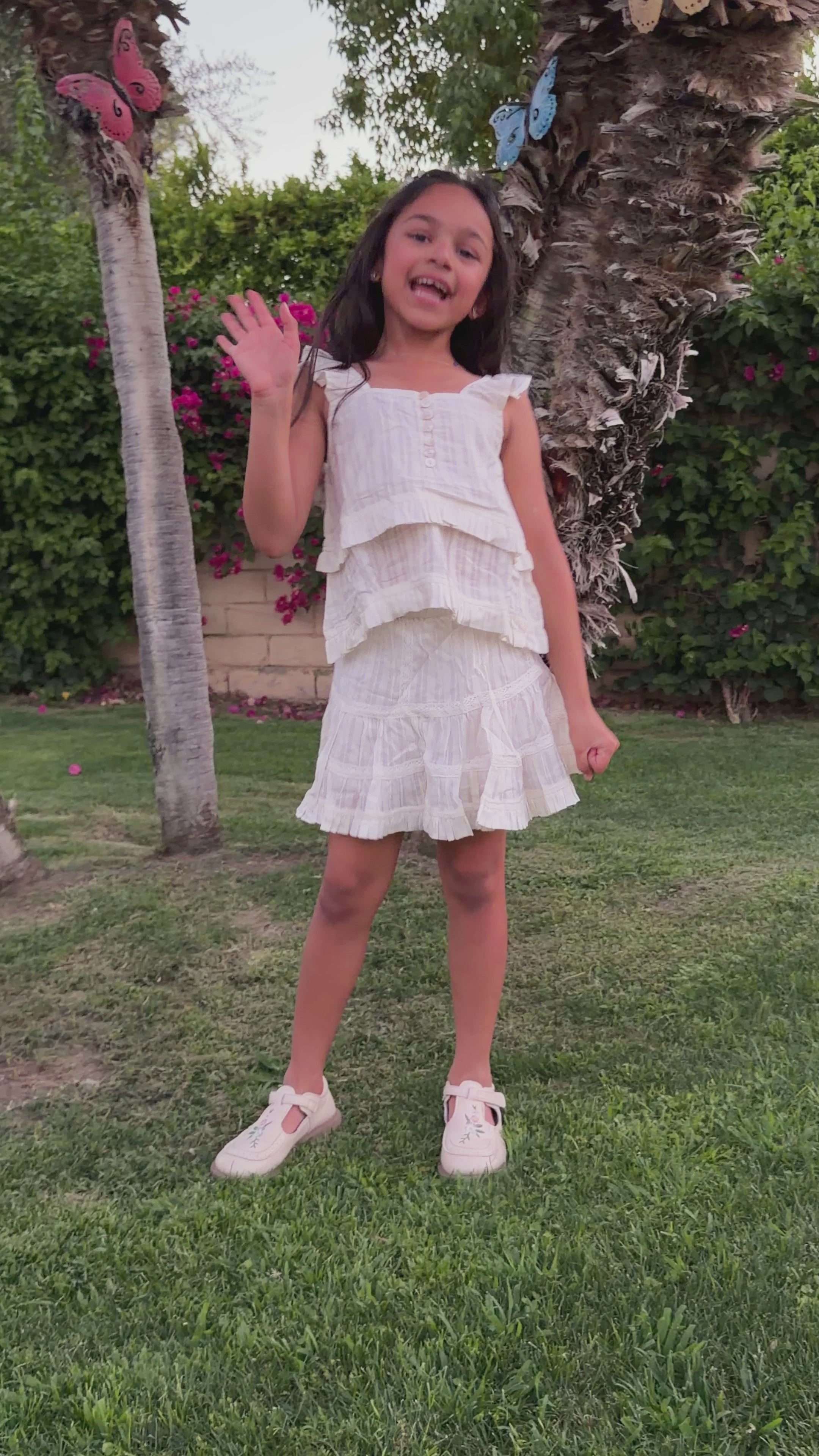 Girls Tiered Ruffle Dress — Cream Lace Trim with Button Detail