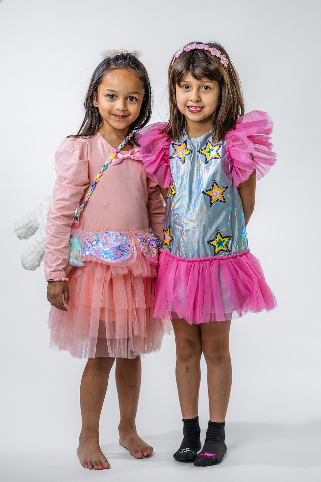 Star Tulle Dress for Girls – Soft Ruffle Sleeve Party Dress in Pink & Silver (Sizes 2-12)