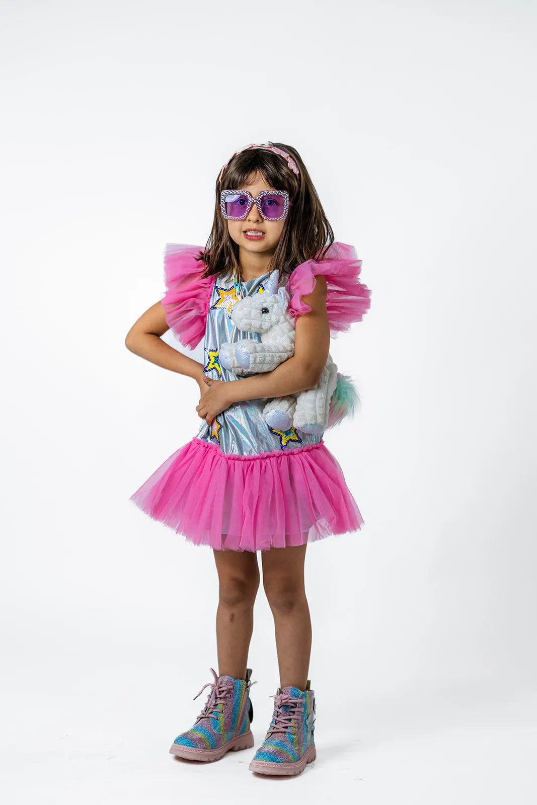 Star Tulle Dress for Girls – Soft Ruffle Sleeve Party Dress in Pink & Silver (Sizes 2-12) Pastels and Polkadots