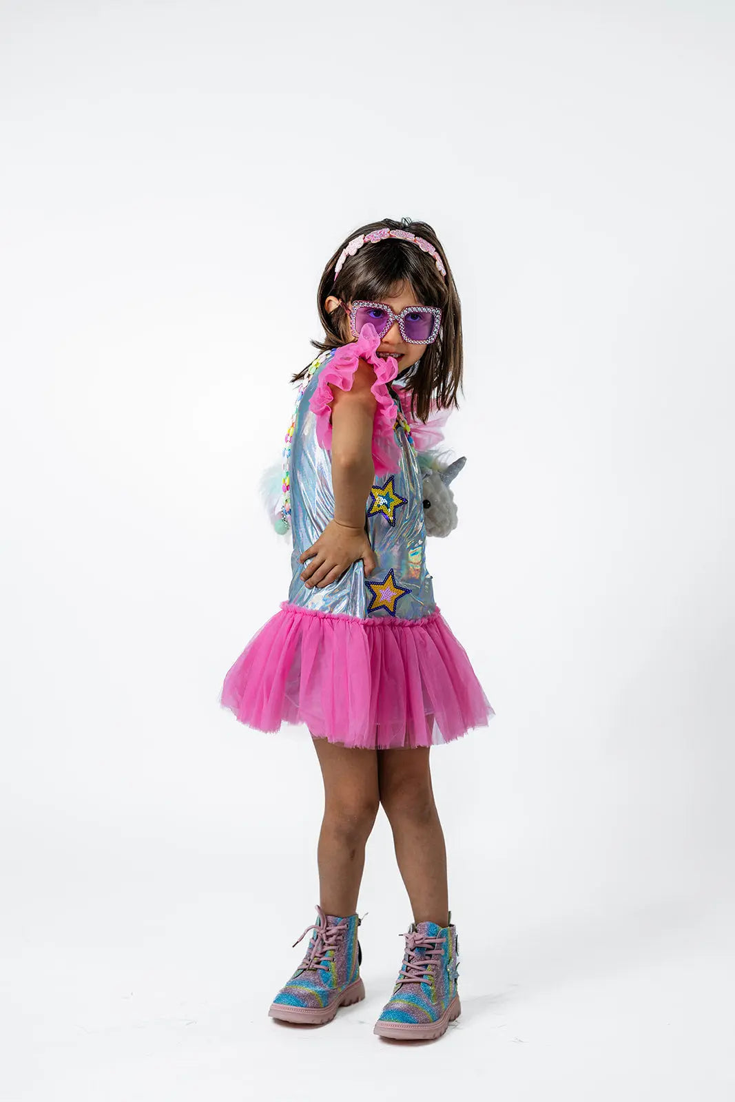 Star Tulle Dress for Girls – Soft Ruffle Sleeve Party Dress in Pink & Silver (Sizes 2-12) Pastels and Polkadots