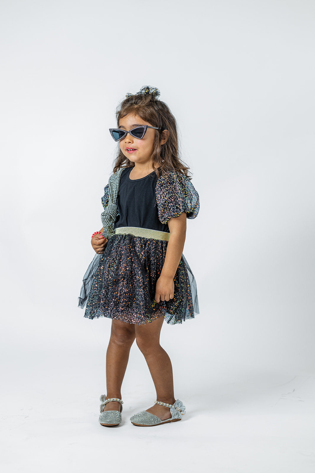 Girls' Black Sparkling Puff Sleeve Tee & Skirt Set - Trendy Holiday Party Outfit