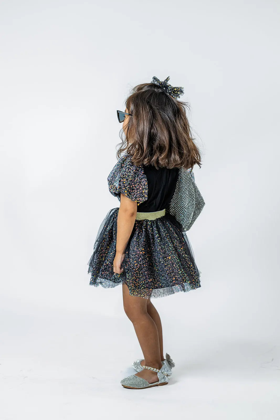 Girls' Black Sparkling Puff Sleeve Tee & Skirt Set - Trendy Holiday Party Outfit Pastels and Polkadots
