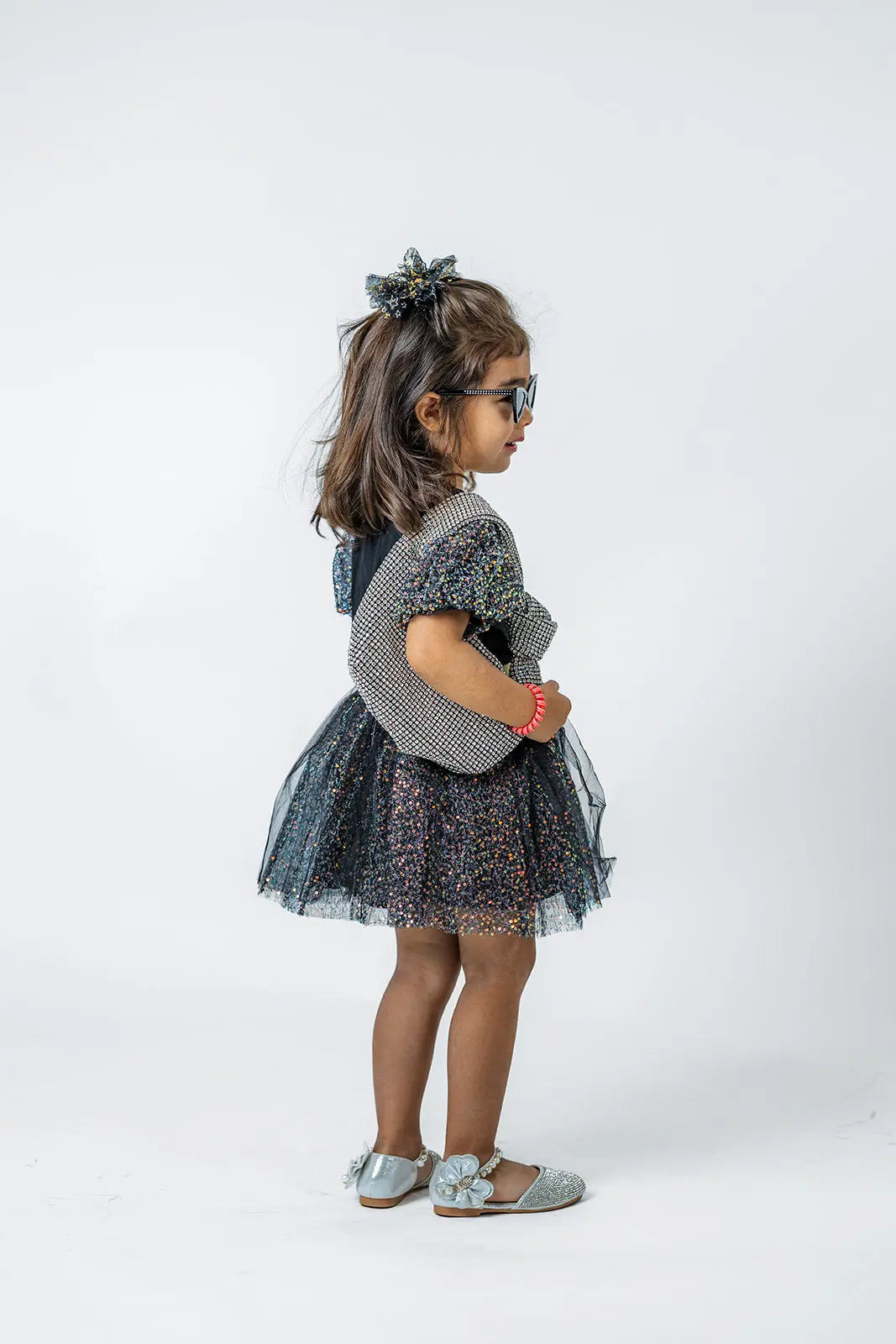 Girls' Black Sparkling Puff Sleeve Tee & Skirt Set - Trendy Holiday Party Outfit Pastels and Polkadots