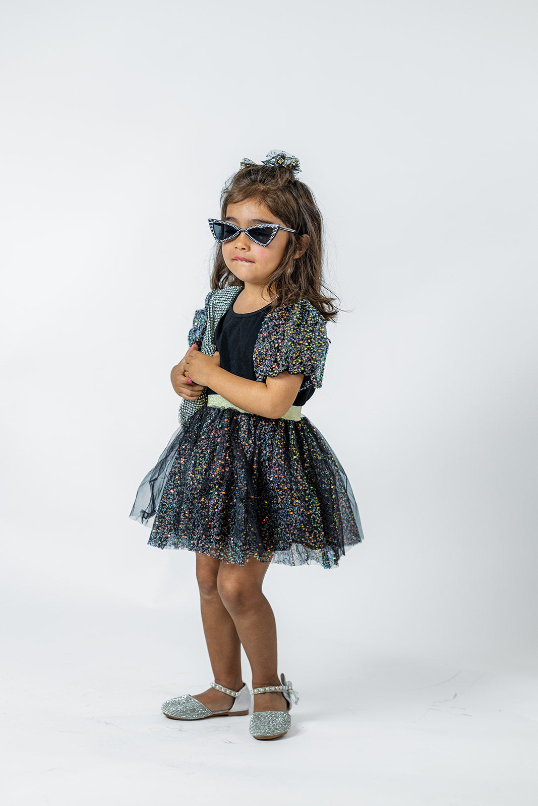 Girls' Black Sparkling Puff Sleeve Tee & Skirt Set - Trendy Holiday Party Outfit