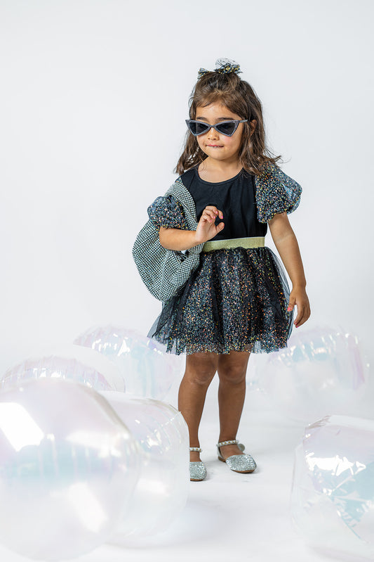 Girls' Black Sparkling Puff Sleeve Tee & Skirt Set - Trendy Holiday Party Outfit