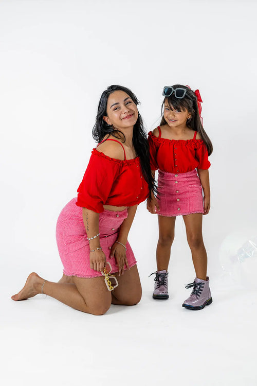 Red and Pink Boucle Mini skirt and red crop top Set for women ( Mommy & Me Matching Outfits) Pastels and Polkadots