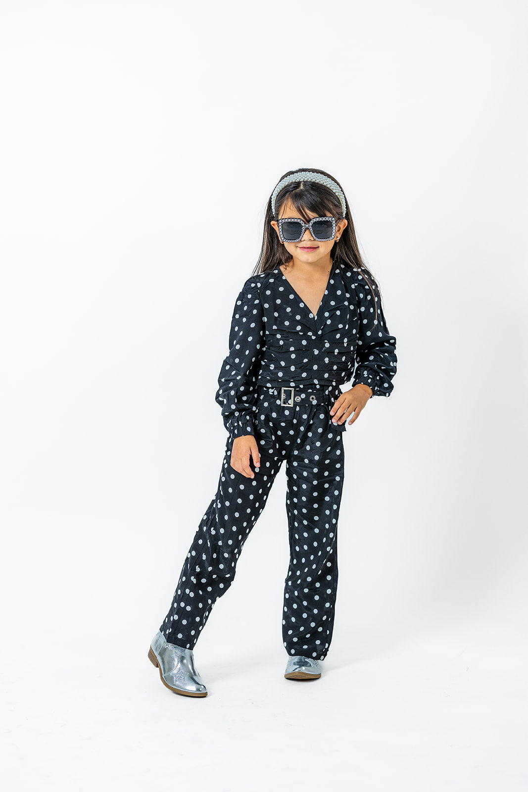 Classic Black & White Polka Dot Set for Girls – Stylish Crop Top & Pants (Ages 2-12)