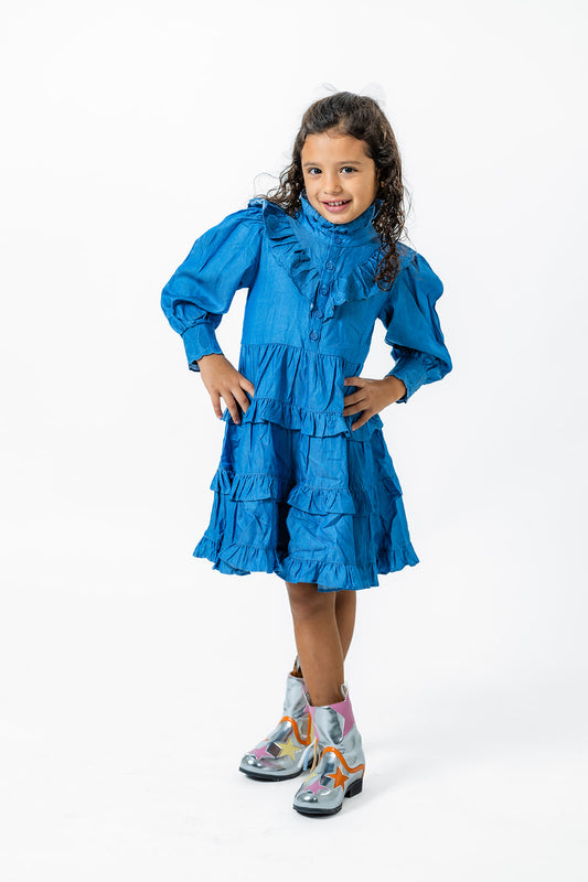 Ruffle Sleeve Denim Dress for Girls - Stylish Fall Fashion for Ages 2-12