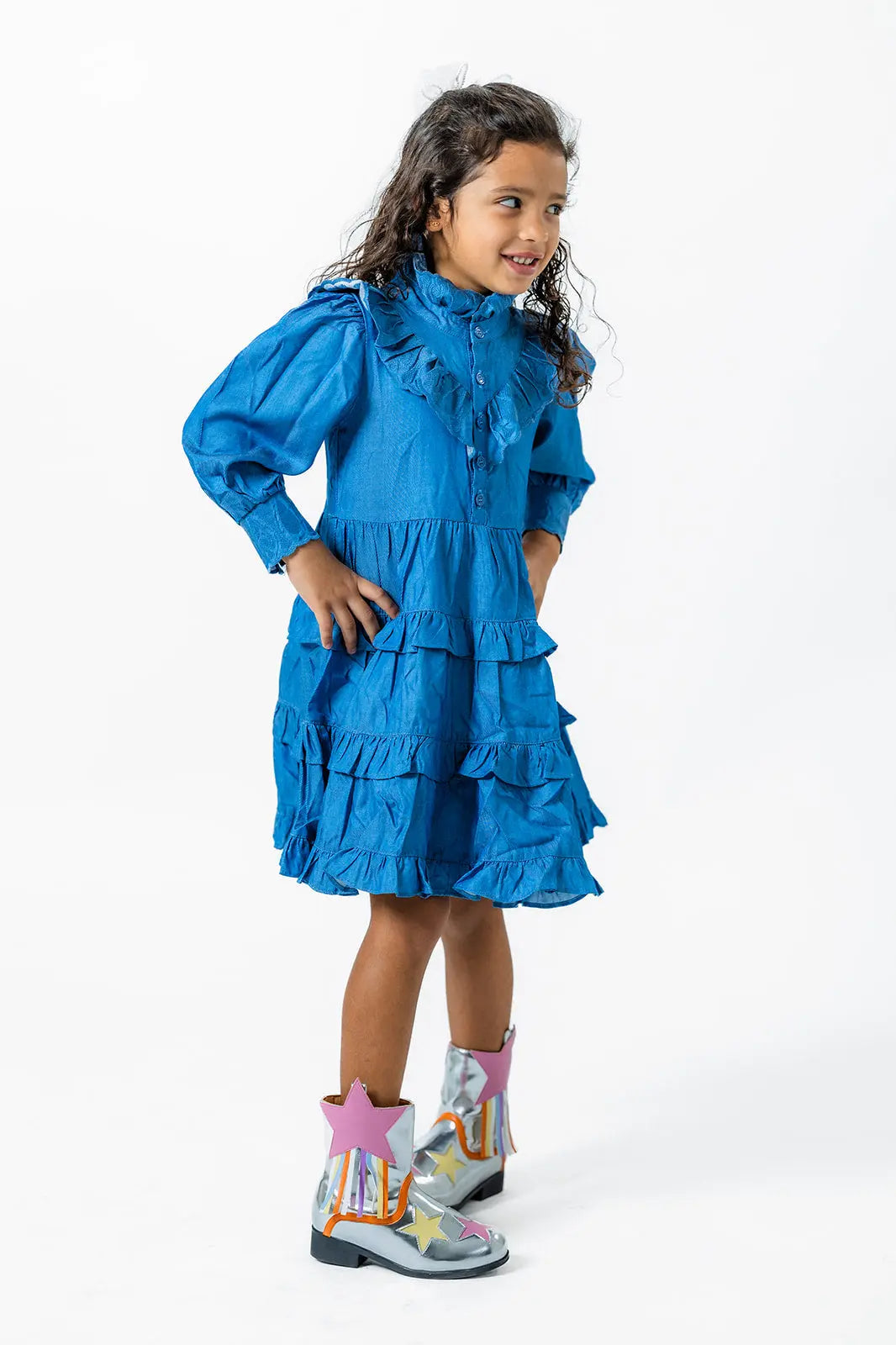 Ruffle Sleeve Denim Dress for Girls - Stylish Fall Fashion for Ages 2-12 Pastels and Polkadots