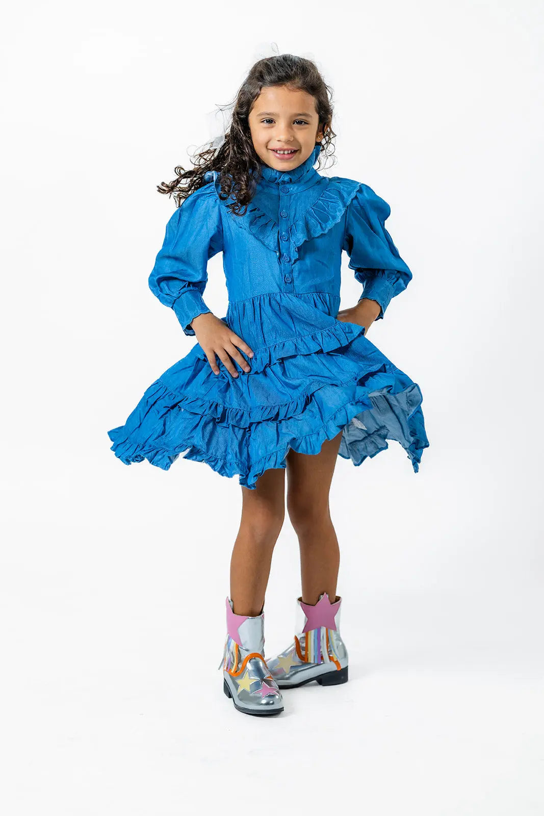 Ruffle Sleeve Denim Dress for Girls - Stylish Fall Fashion for Ages 2-12 Pastels and Polkadots
