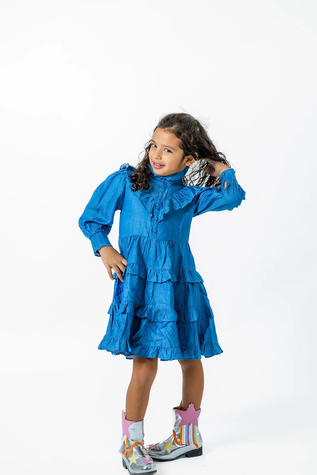 Ruffle Sleeve Denim Dress for Girls - Stylish Fall Fashion for Ages 2-12 Pastels and Polkadots