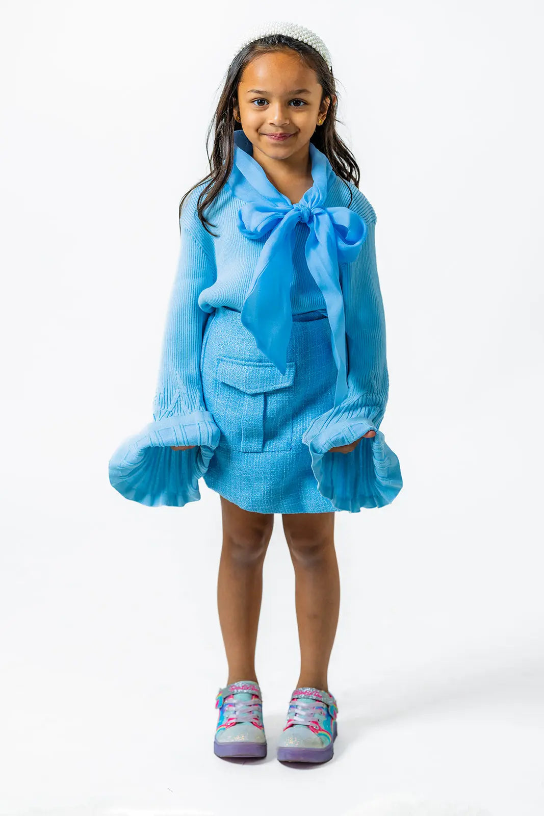 Soft Blue Plaid Boucle Skirt for Girls Pastels and Polkadots
