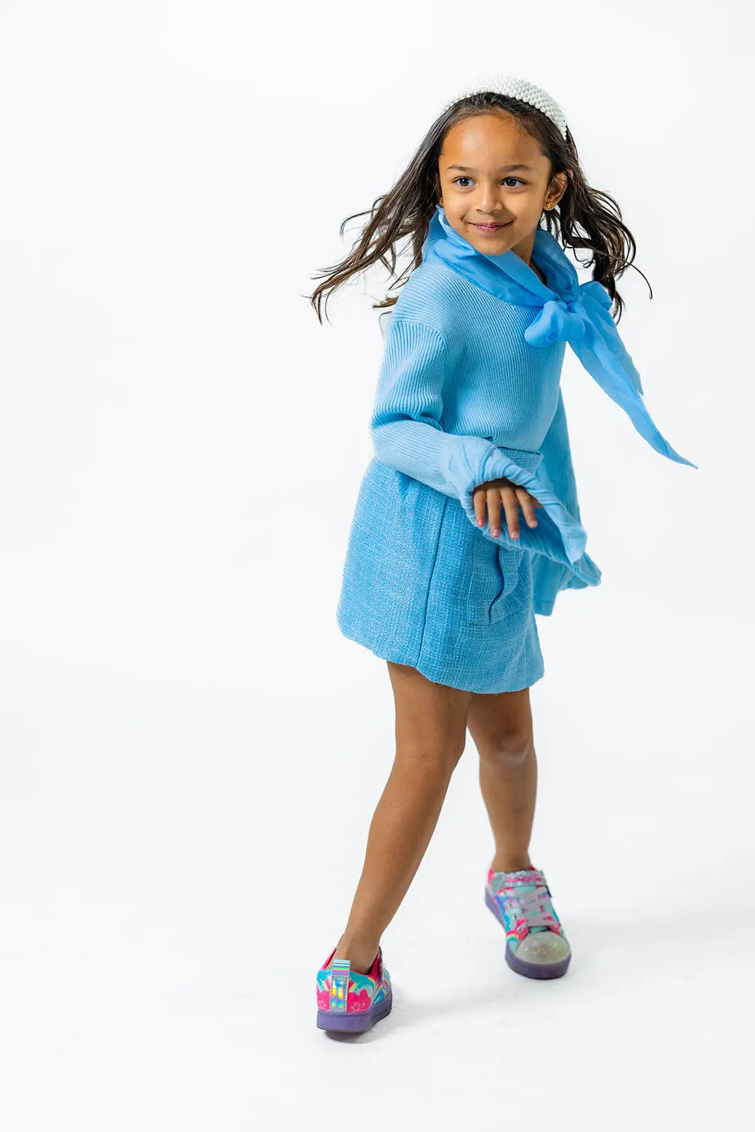 Soft Blue Plaid Boucle Skirt for Girls Pastels and Polkadots