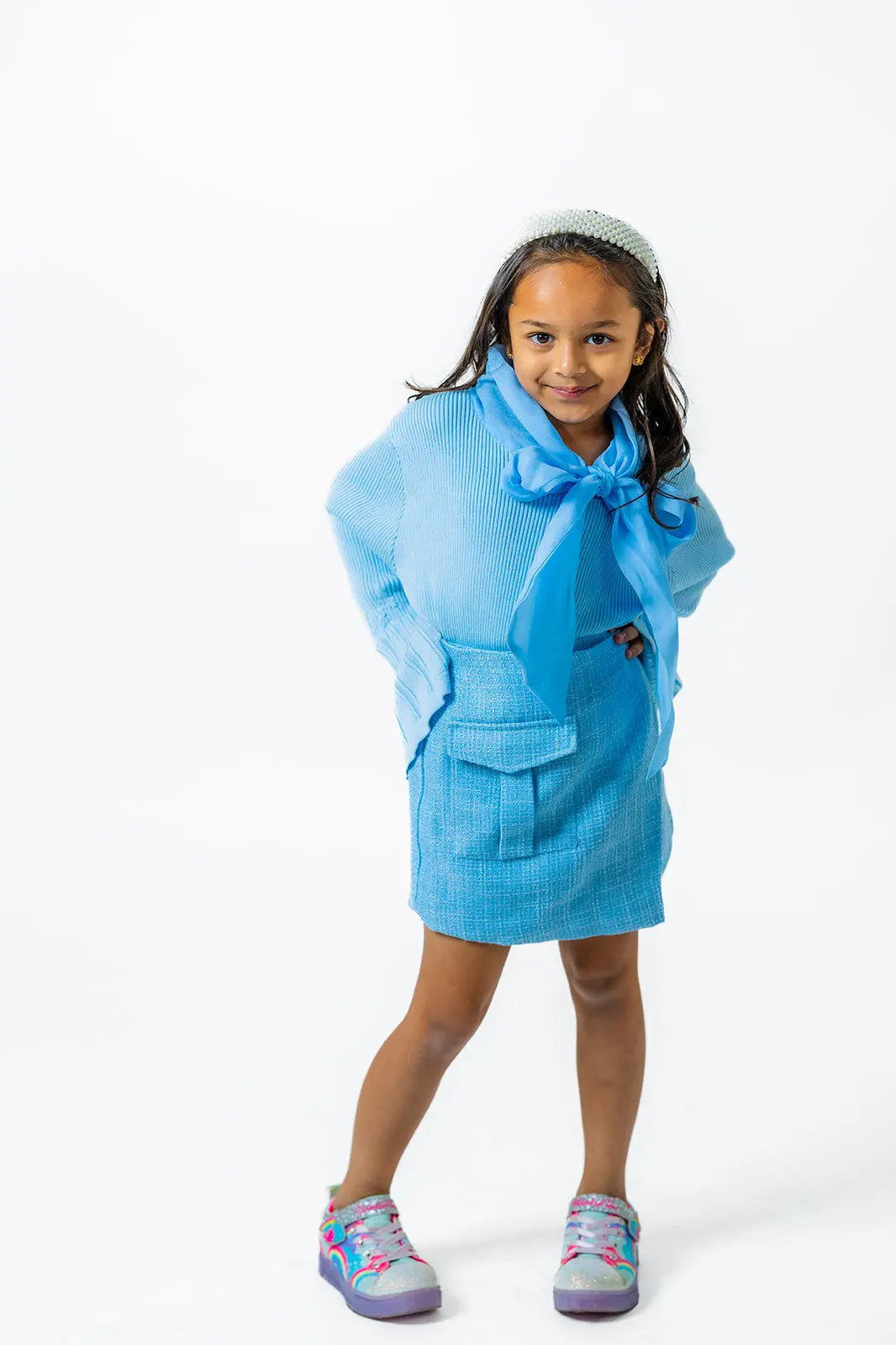 Soft Blue Plaid Boucle Skirt for Girls Pastels and Polkadots