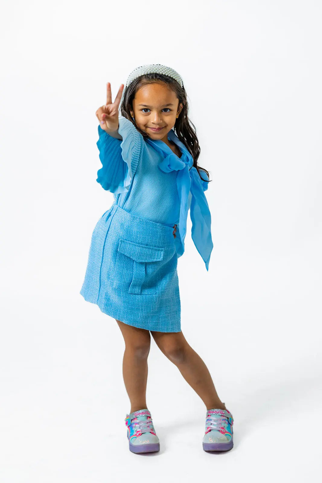Soft Blue Plaid Boucle Skirt for Girls Pastels and Polkadots