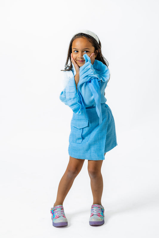 Soft Blue Plaid Boucle Skirt for Girls