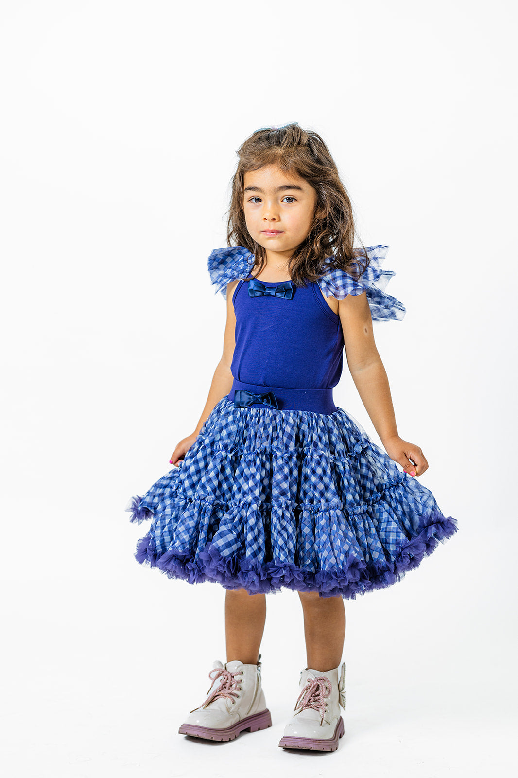 Blue Plaid Tulle Skirt Set for Girls (Ages 2-12)