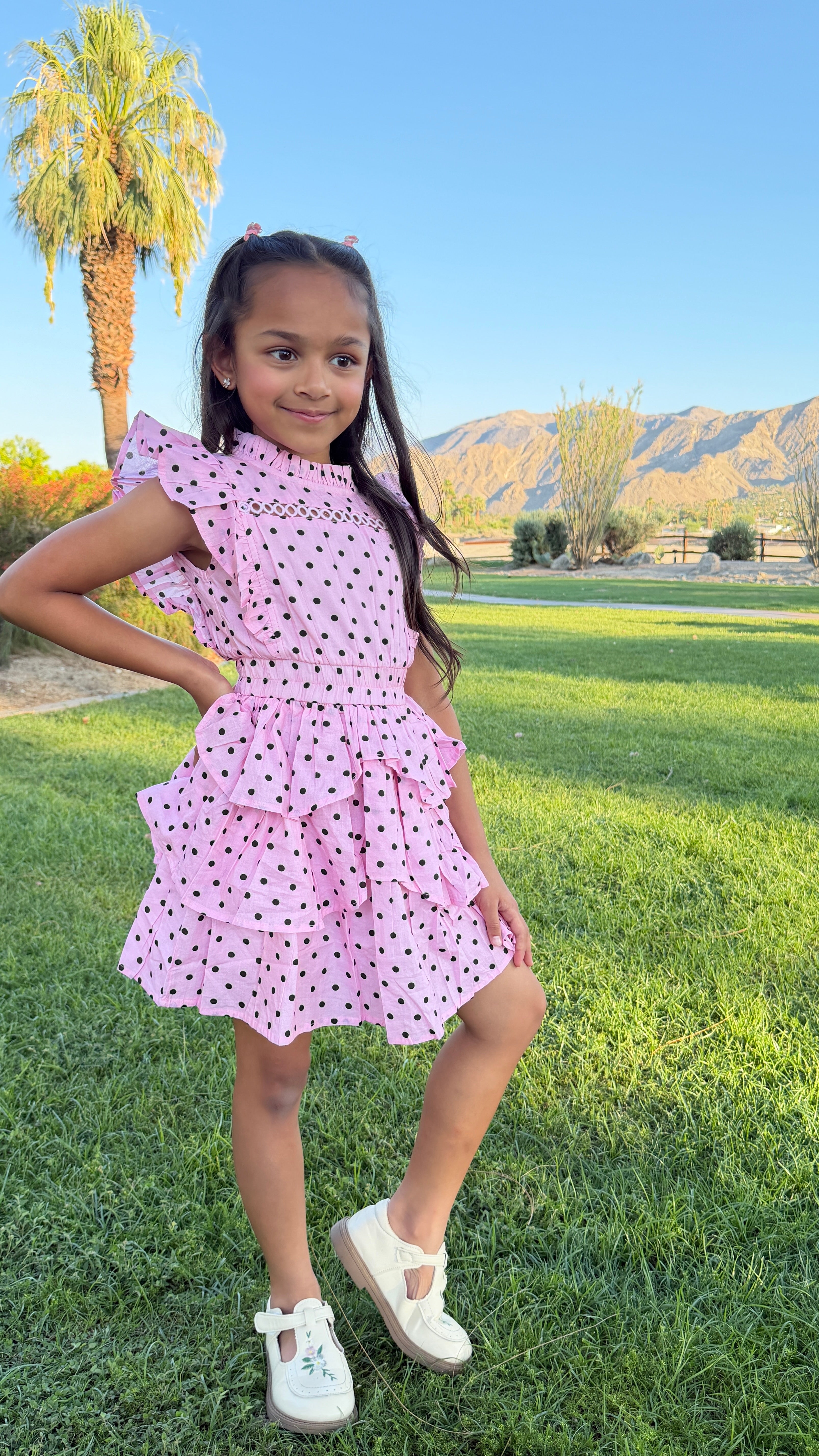 Girls Polka Dot Ruffle Dress — Pink and Black with Smocked Waist