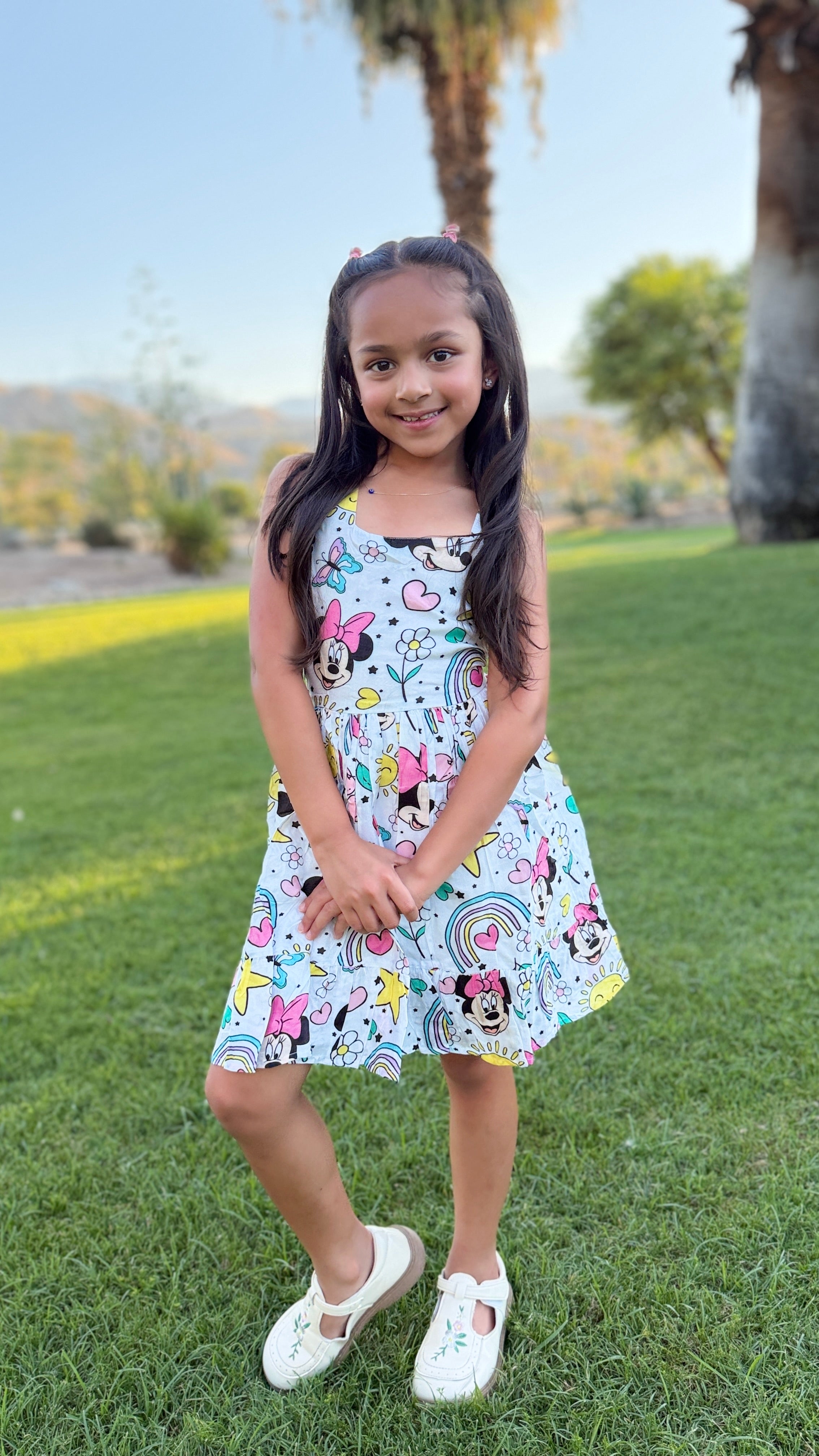 Girls Twirl Dress — White Iconic Bow Character Print with Sweetheart Neckline