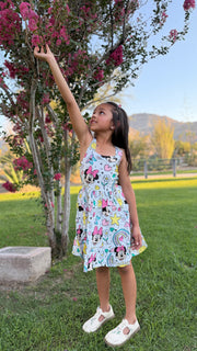 Girls Twirl Dress — White Iconic Bow Character Print with Sweetheart Neckline