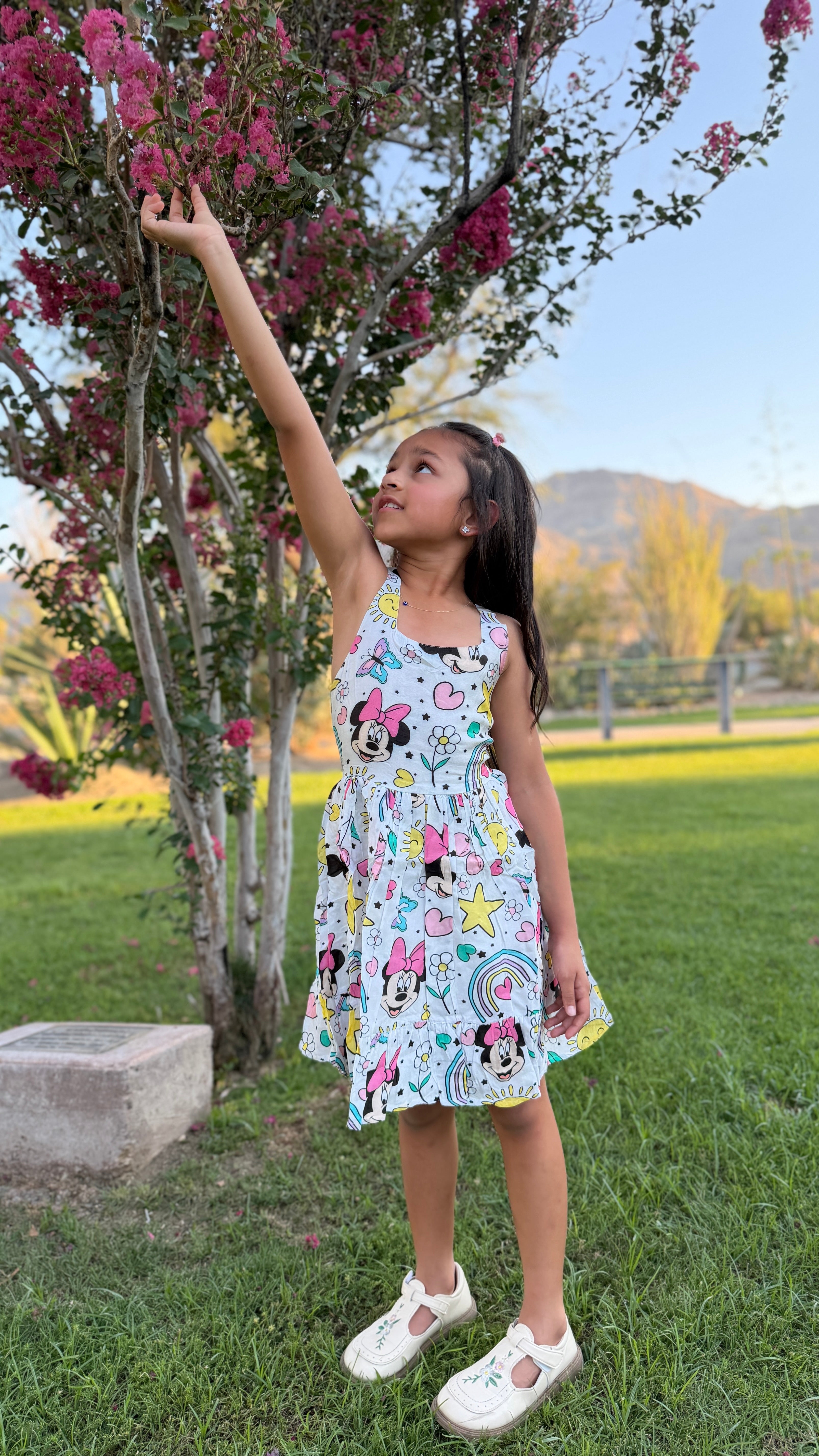 Girls Twirl Dress — White Iconic Bow Character Print with Sweetheart Neckline