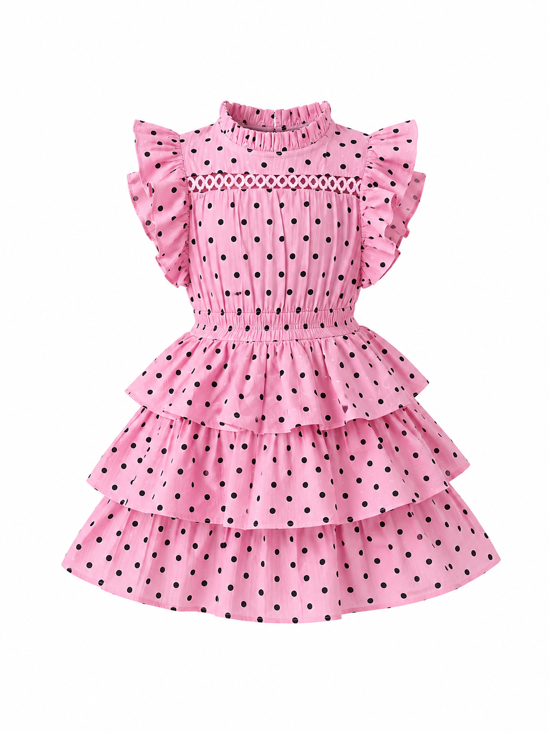 Girls Polka Dot Ruffle Dress — Pink and Black with Smocked Waist