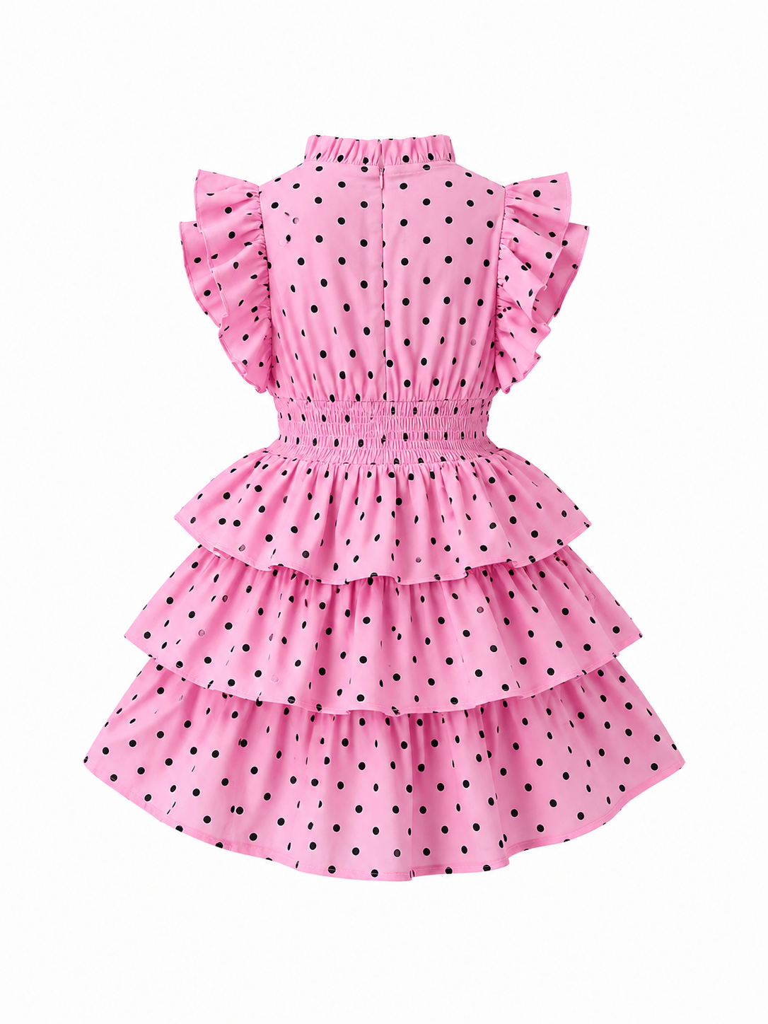 Girls Polka Dot Ruffle Dress — Pink and Black with Smocked Waist
