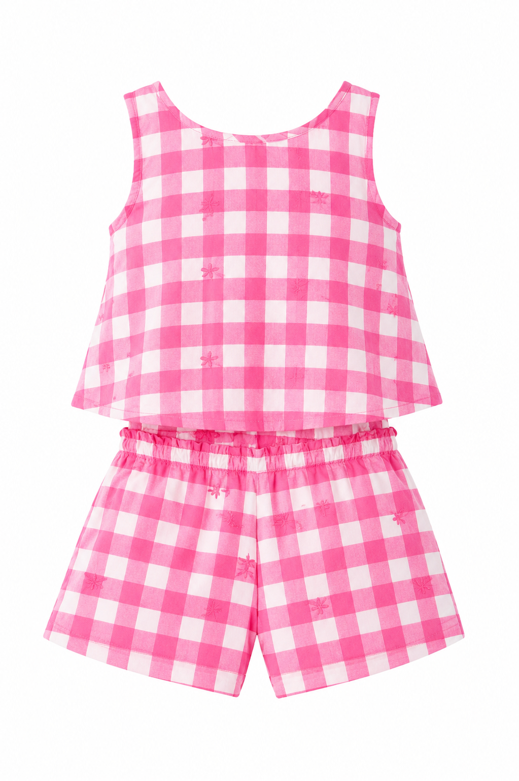 Girls Gingham Top and Shorts Set — Hot Pink Star Embroidery