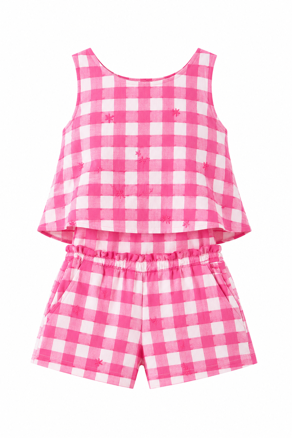 Girls Gingham Top and Shorts Set — Hot Pink Star Embroidery