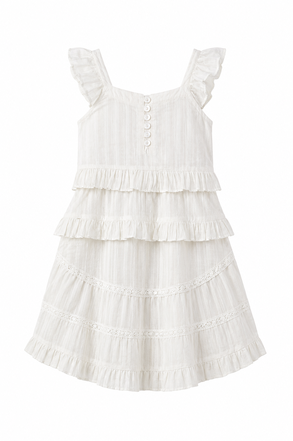 Girls Tiered Ruffle Dress — Cream Lace Trim with Button Detail