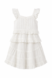 Girls Tiered Ruffle Dress — Cream Lace Trim with Button Detail