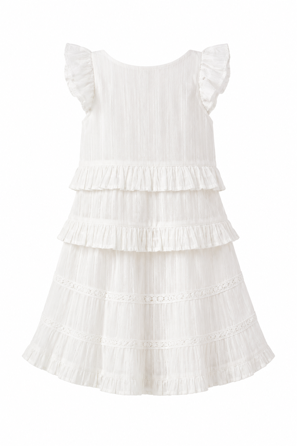 Girls Tiered Ruffle Dress — Cream Lace Trim with Button Detail