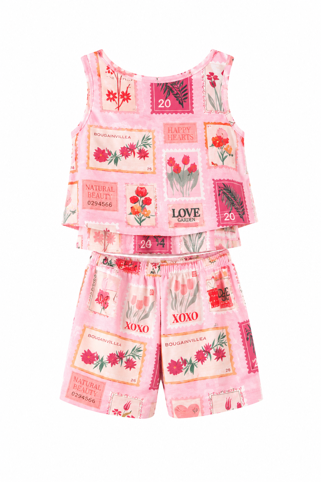Girls Matching Top and Shorts — Pink Floral Stamp Print