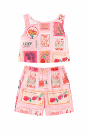 Girls Matching Top and Shorts — Pink Floral Stamp Print