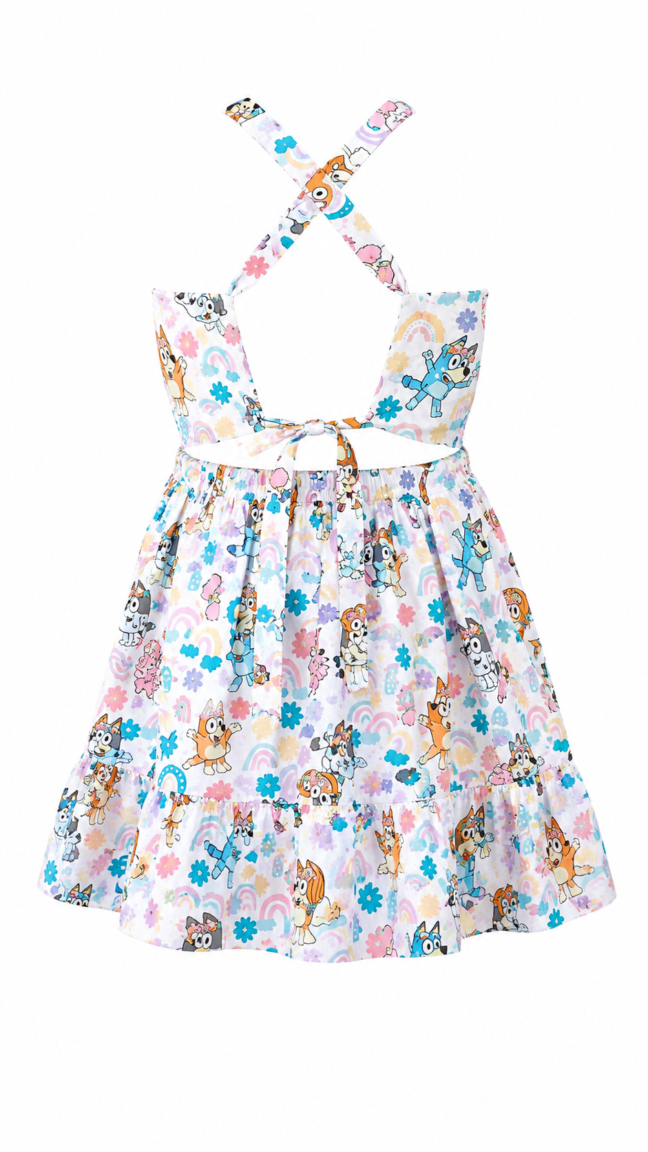 Girls Twirl Dress — White Cartoon Character Print with Ruffle Hem