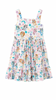 Girls Twirl Dress — White Cartoon Character Print with Ruffle Hem