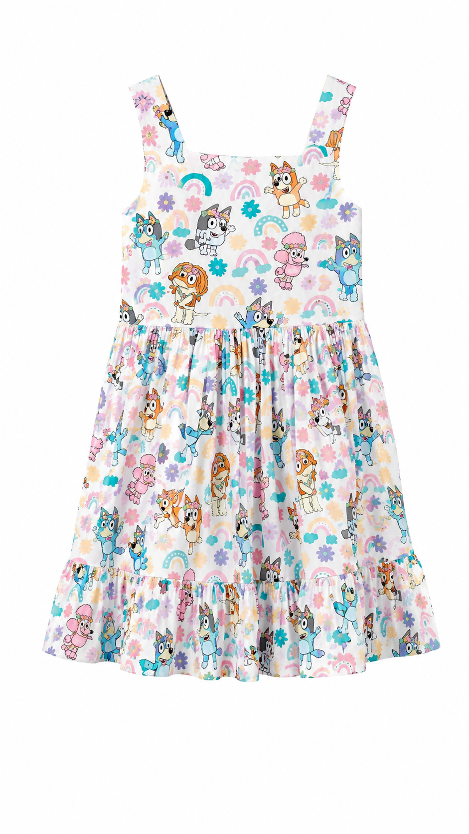 Girls Twirl Dress — White Cartoon Character Print with Ruffle Hem