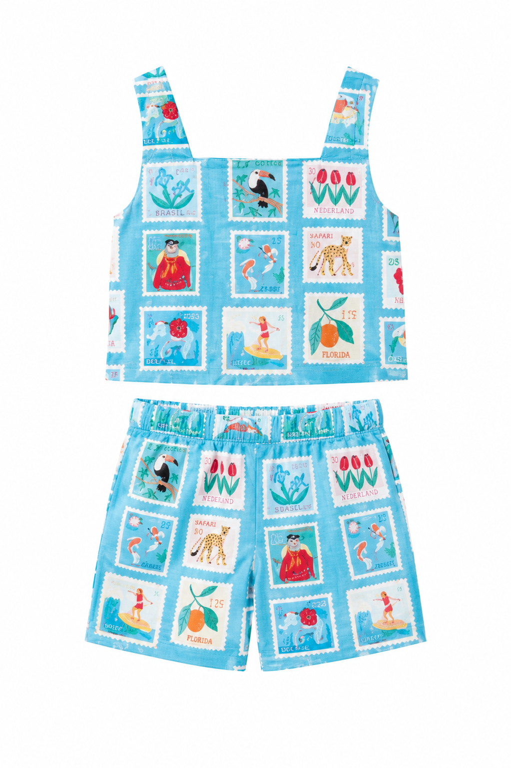 Girls Top and Shorts Set — Sky Blue World Traveler Print