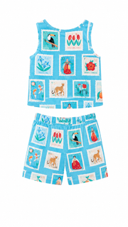 Girls Top and Shorts Set — Sky Blue World Traveler Print