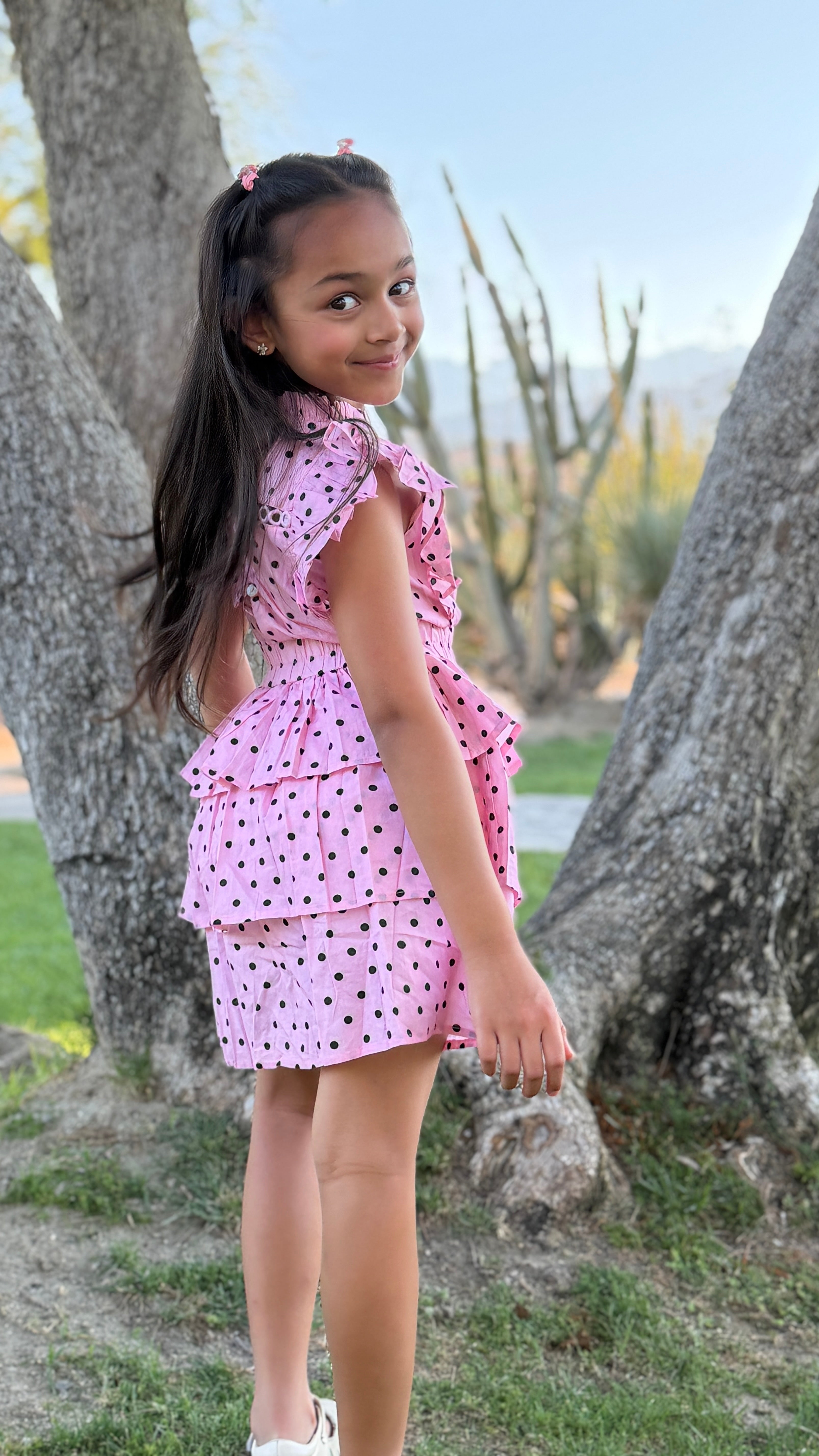 Girls Polka Dot Ruffle Dress — Pink and Black with Smocked Waist