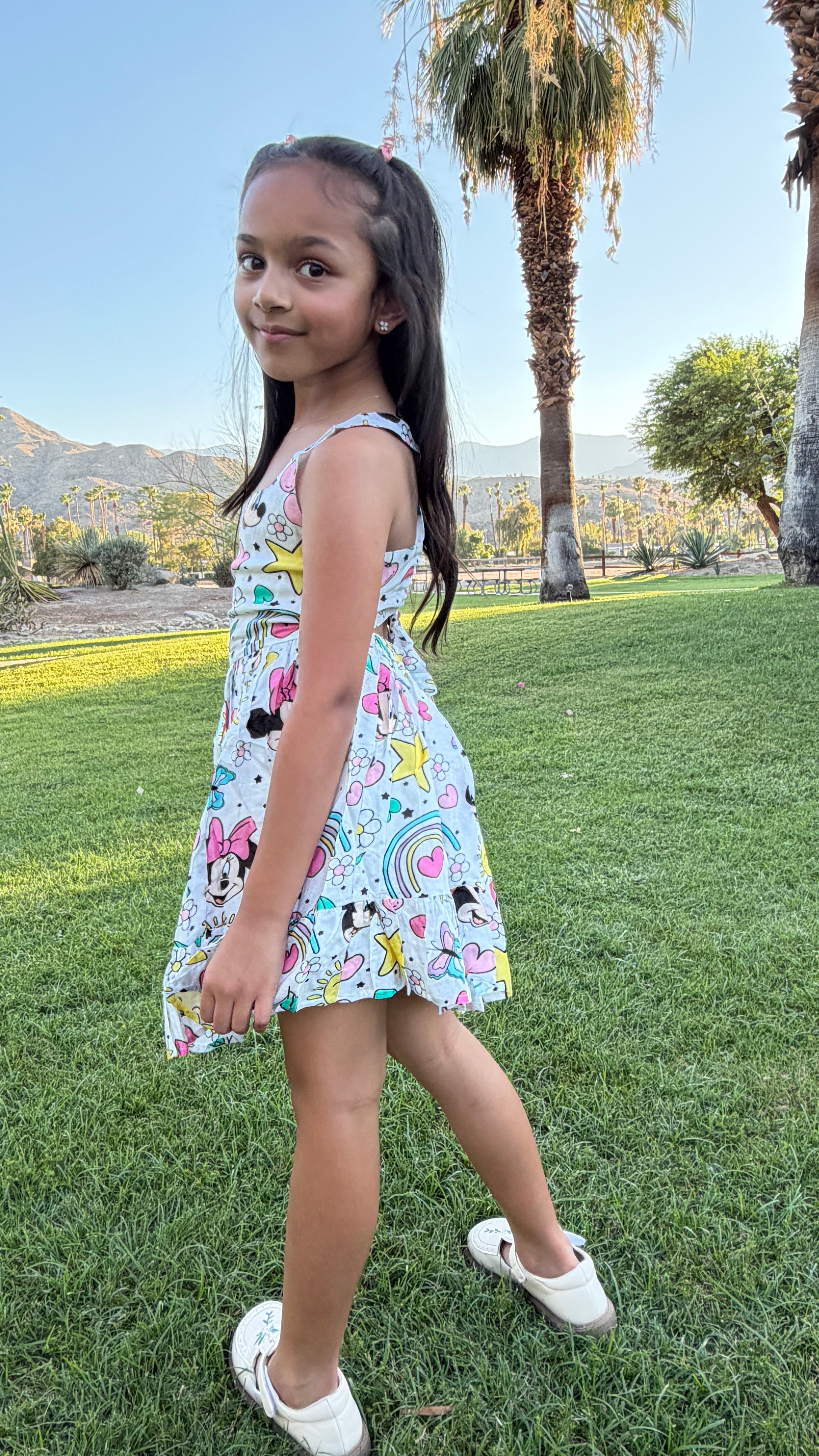Girls Twirl Dress — White Iconic Bow Character Print with Sweetheart Neckline