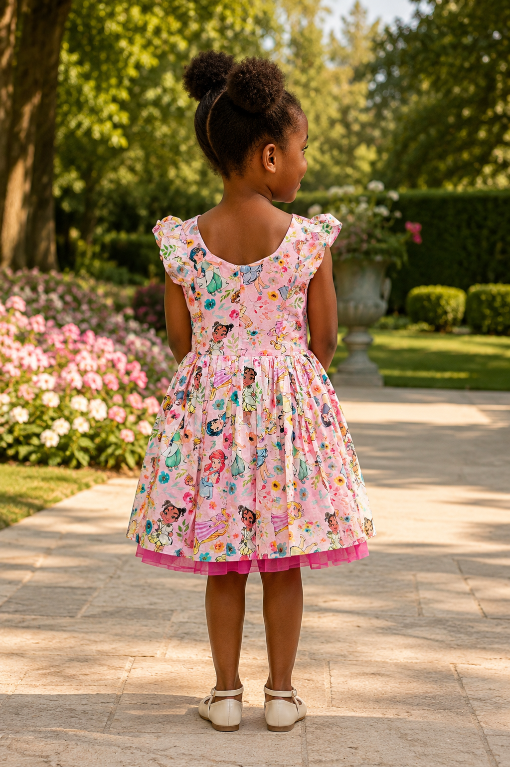 Girls Flutter Sleeve Twirl Dress — Pink Watercolor Princess Print