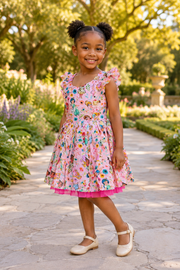 Girls Flutter Sleeve Twirl Dress — Pink Watercolor Princess Print