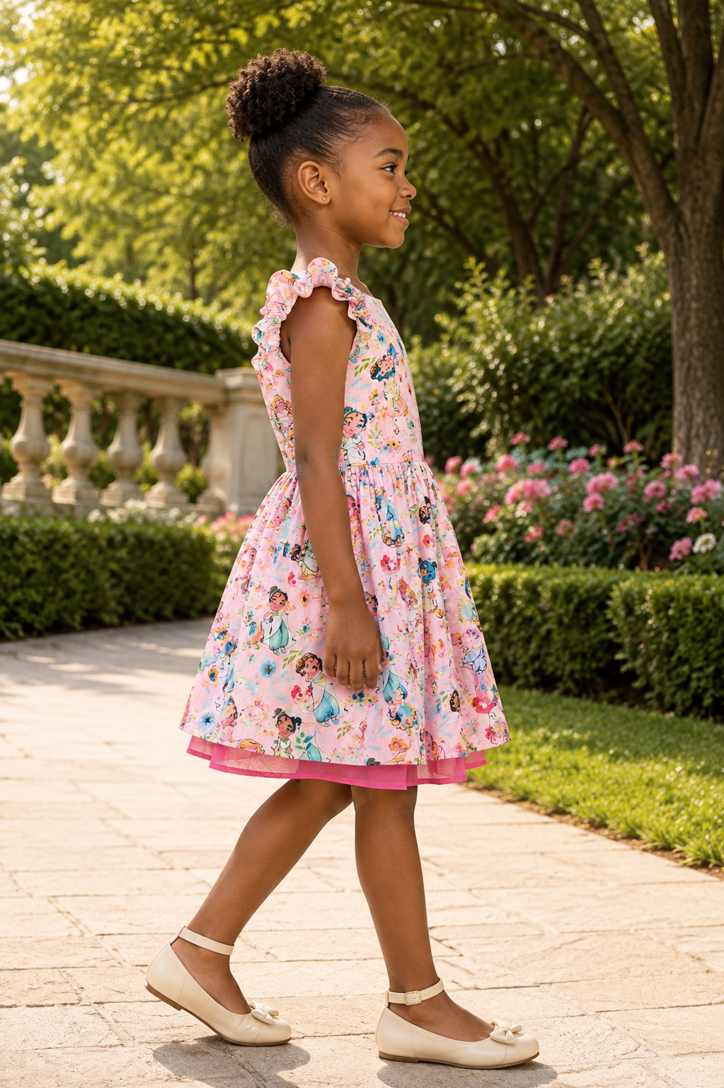 Girls Flutter Sleeve Twirl Dress — Pink Watercolor Princess Print