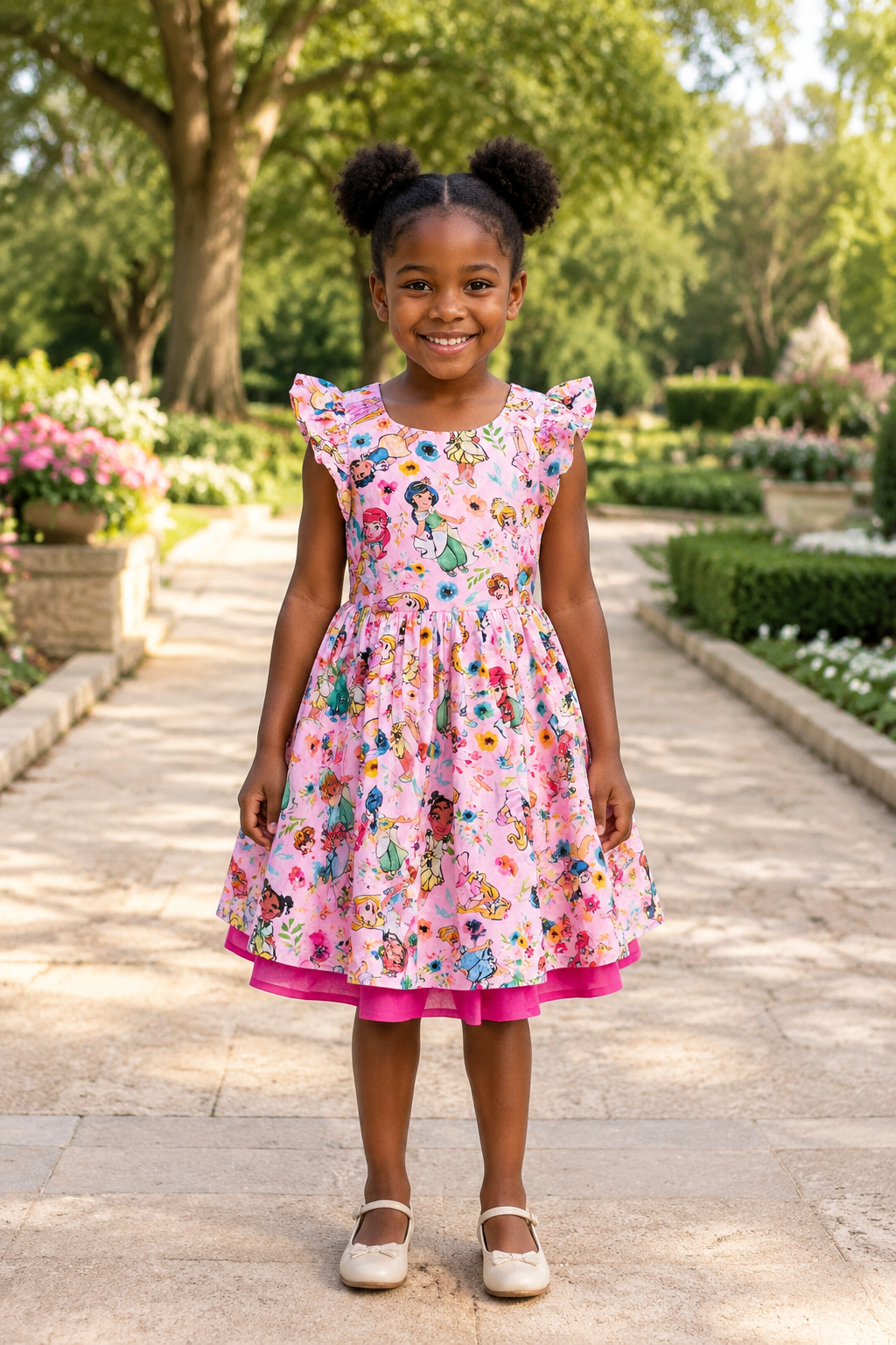 Girls Flutter Sleeve Twirl Dress — Pink Watercolor Princess Print