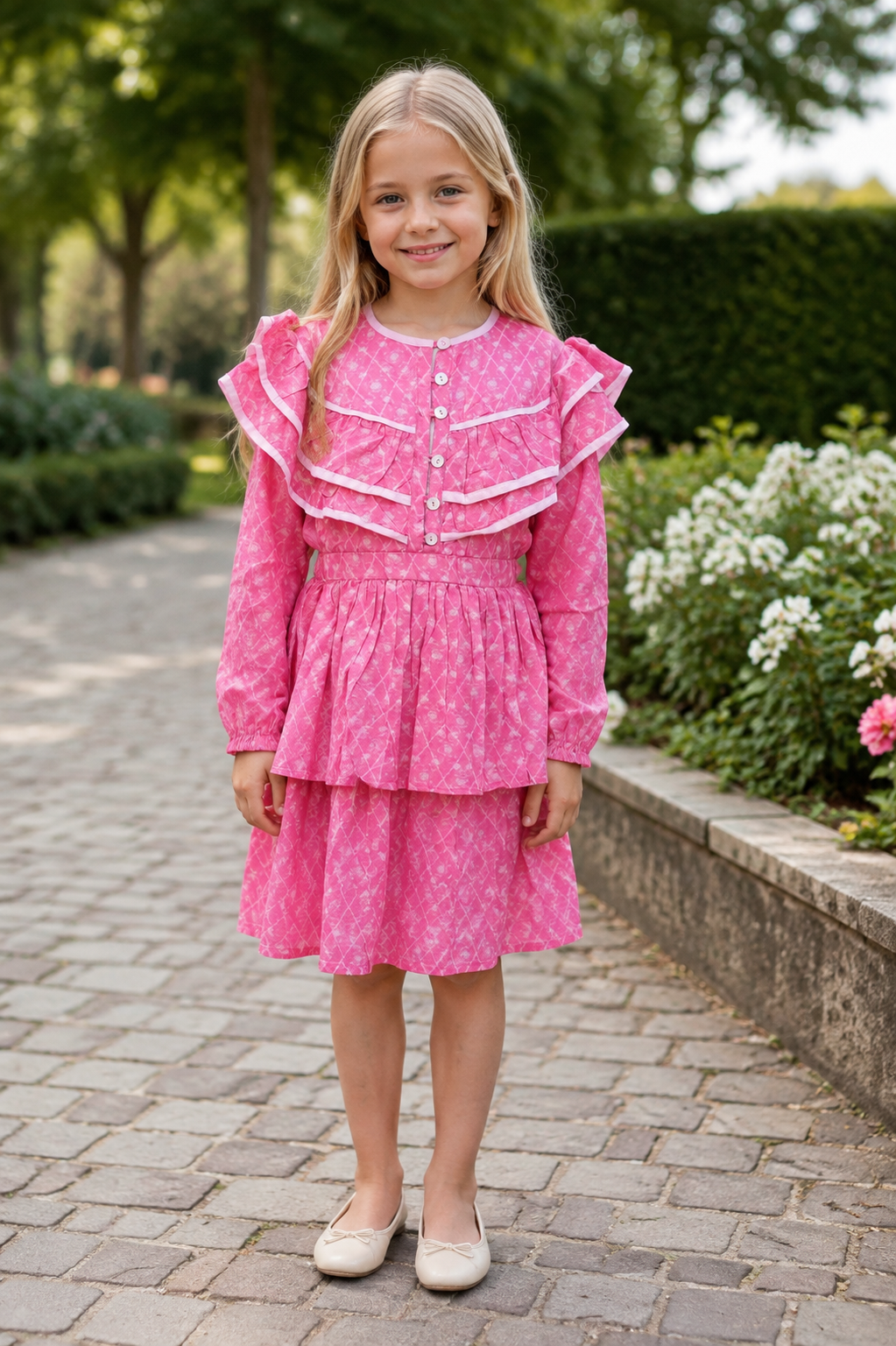 Girls Long Sleeve Floral Dress — Rose Pink Ruffle Collar with Button Front